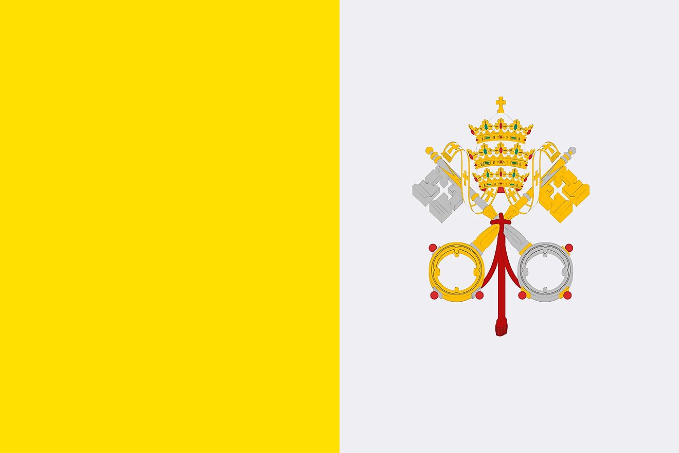 The National Flag of Vatican City (Holy See) is a square-shaped vertical bicolor featuring  one yellow and one white band, with the Vatican City Coat of Arms centered on the white band