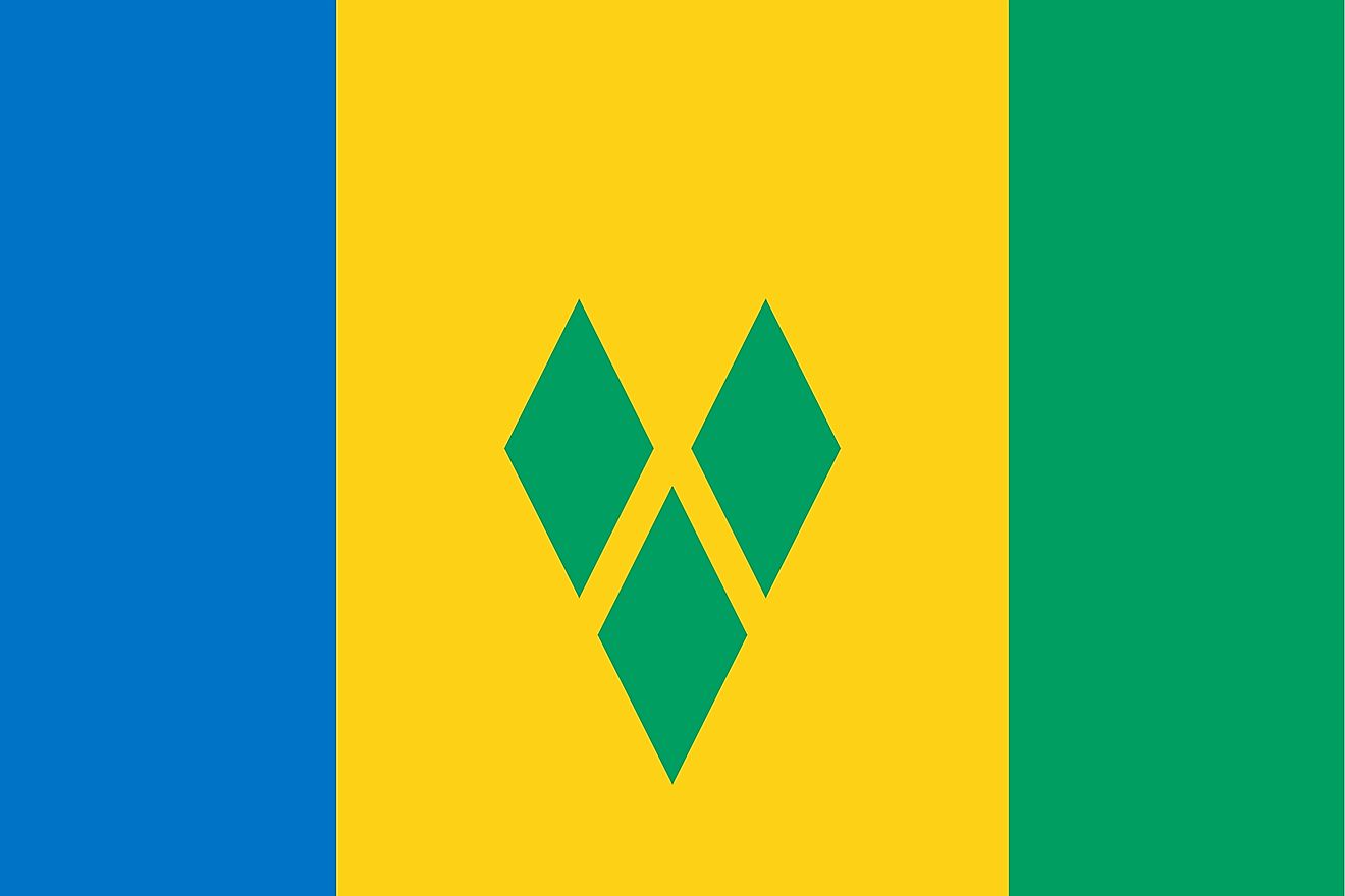 The National Flag of St. Vincent and the Grenadines is a vertical tricolor and features three vertical bands of blue (hoist side), gold (double width), and green, with three green diamonds arranged in a V pattern on the gold band.