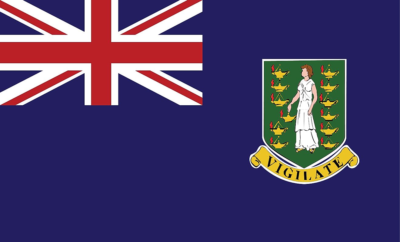 The Flag of British Virgin Islands features a blue background with the flag of the United Kingdom (Union Jack) in the upper hoist-side quadrant and the coat of arms of the British Virgin Islands centered in the outer half of the flag. 