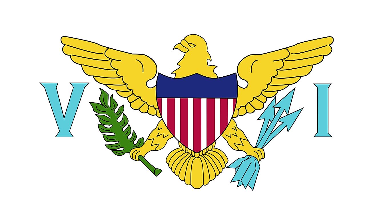 The Flag of the U.S. Virgin Islands features a white background with a modified US coat of arms in the center between the large blue initials V and I.