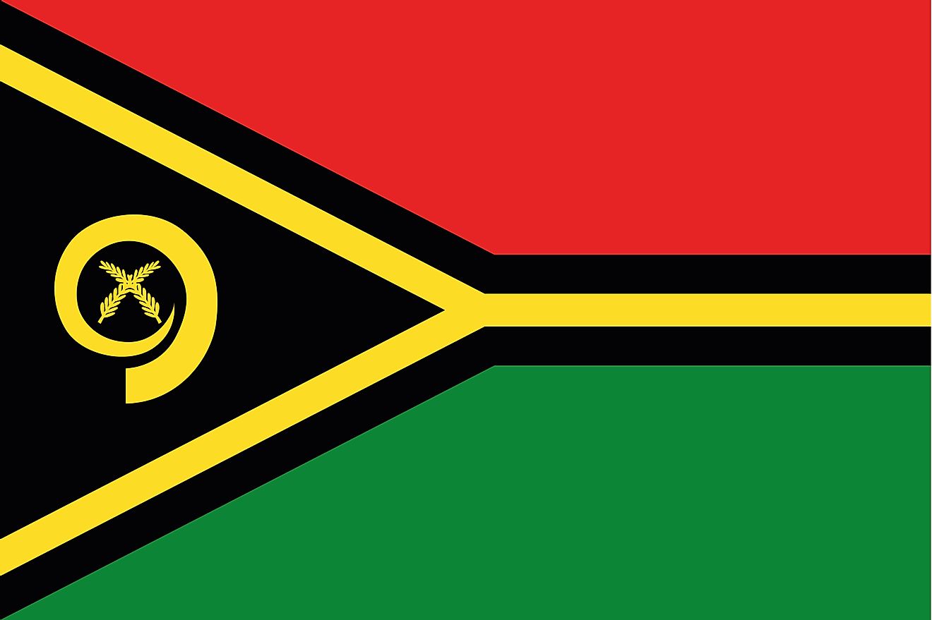The National Flag Of Vanuatu has two equal horizontal bands of red (top) and green with a black isosceles triangle with yellow stripe and a central symbol.