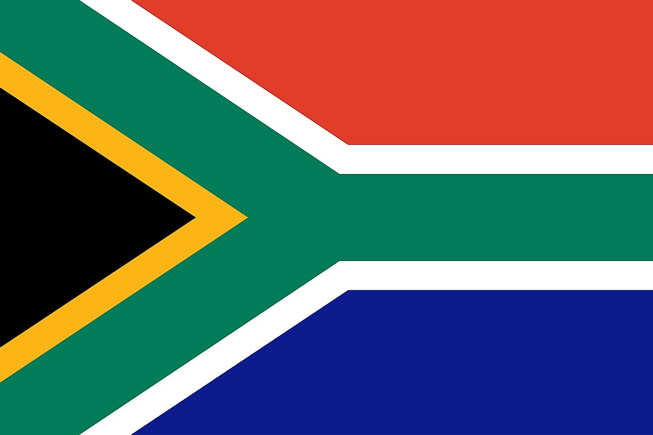 The National Flag of South Africa features two equal width horizontal bands of red (top) and blue (bottom) separated by a central green band that splits into a horizontal Y - the arms of which end at the corners of the flag’s hoist side. 