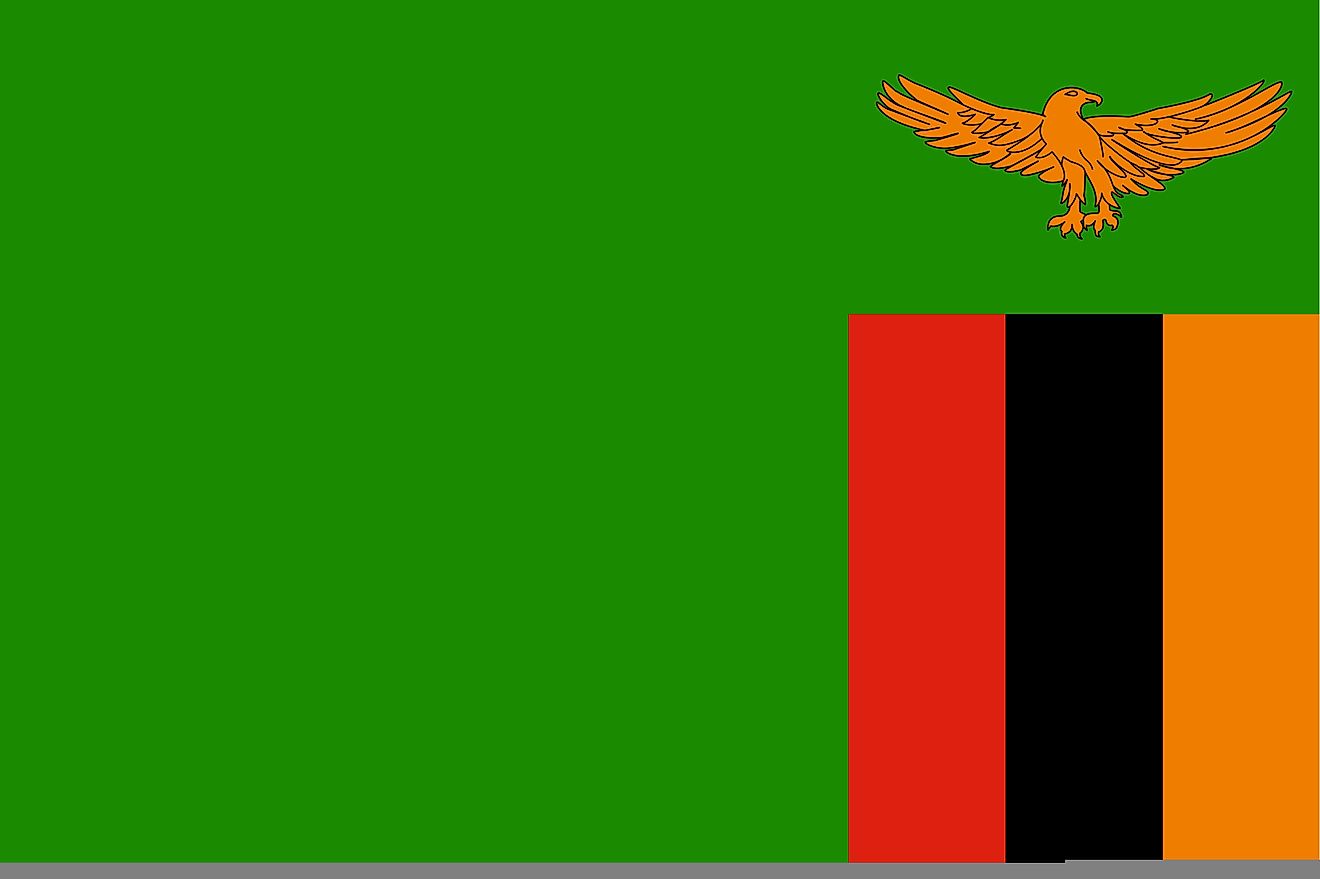 The National Flag of Zambia is rectangular and features a green background with a panel of three vertical bands of red (hoist side), black, and orange, below a soaring orange African fish eagle placed on the outer edge of the flag.