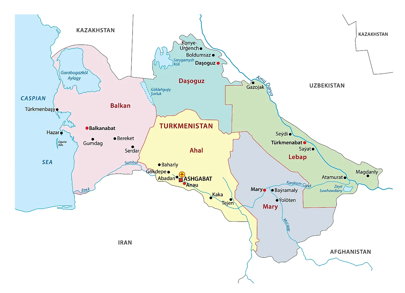 The political map of Turkmenistan showing its 5 administrative regions and capital city district.