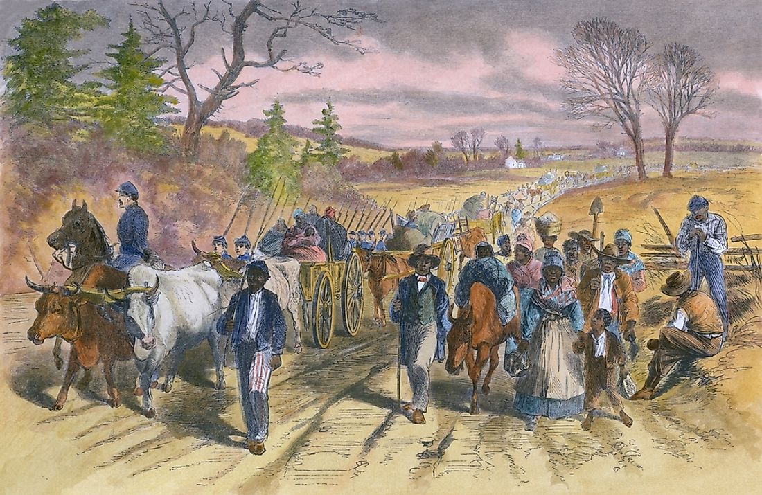 Freed slaves escaping to the Union Army lines after the Emancipation Proclamation.