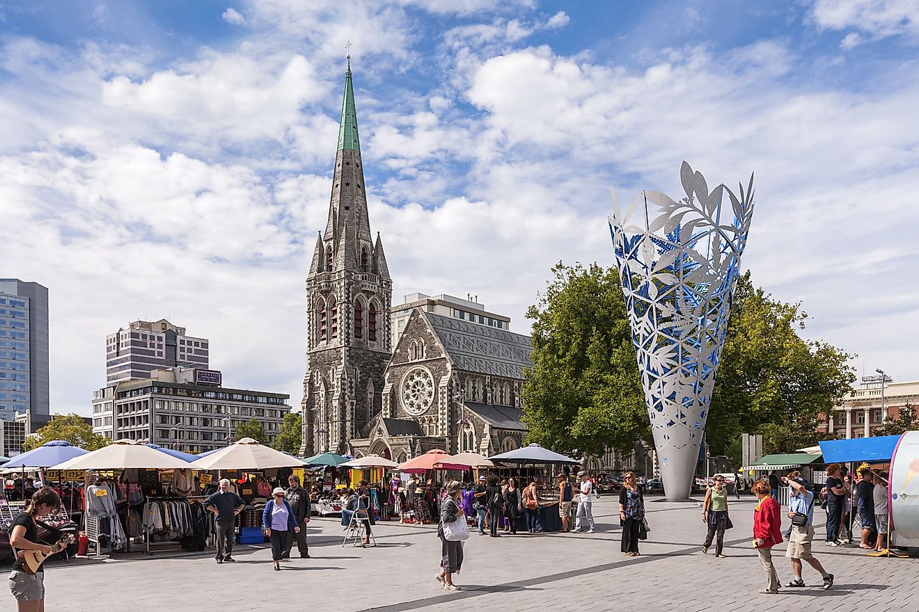 Street market in Cathedral Square, Christchurch, New Zealand. Image Credits: Travellight via Shutterstock