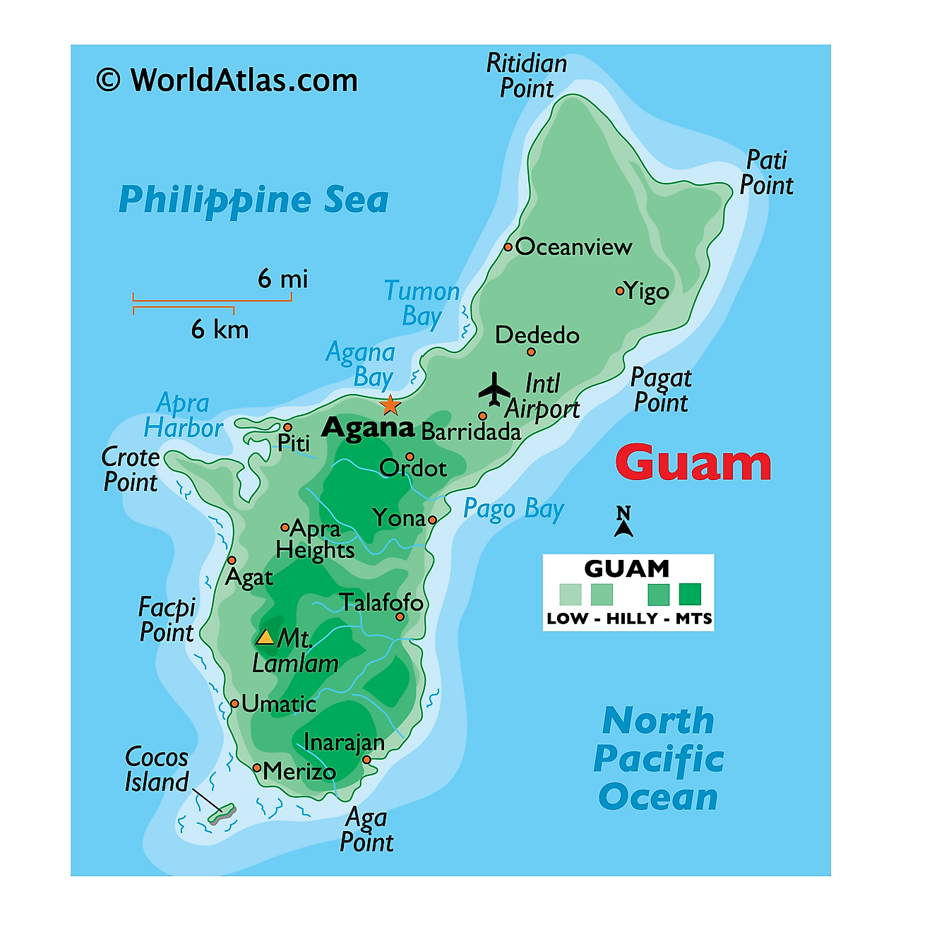 Mapa físico de Guam que muestra el relieve, el punto más alto, las islas, el aeropuerto internacional, los asentamientos importantes, la capital y más.