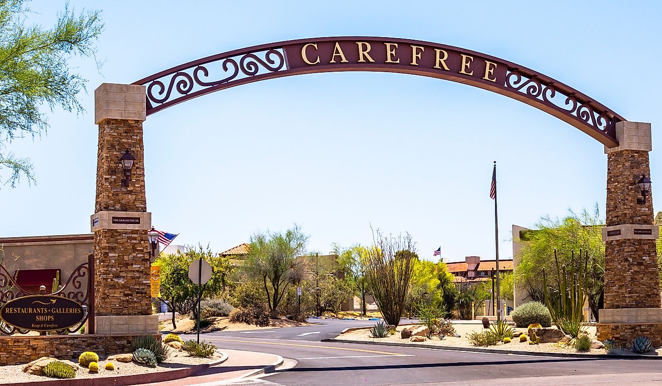 Welcome to Carefree, Arizona, featuring the Desert Gardens and the iconic Sundial amidst the scenic desert landscape.
