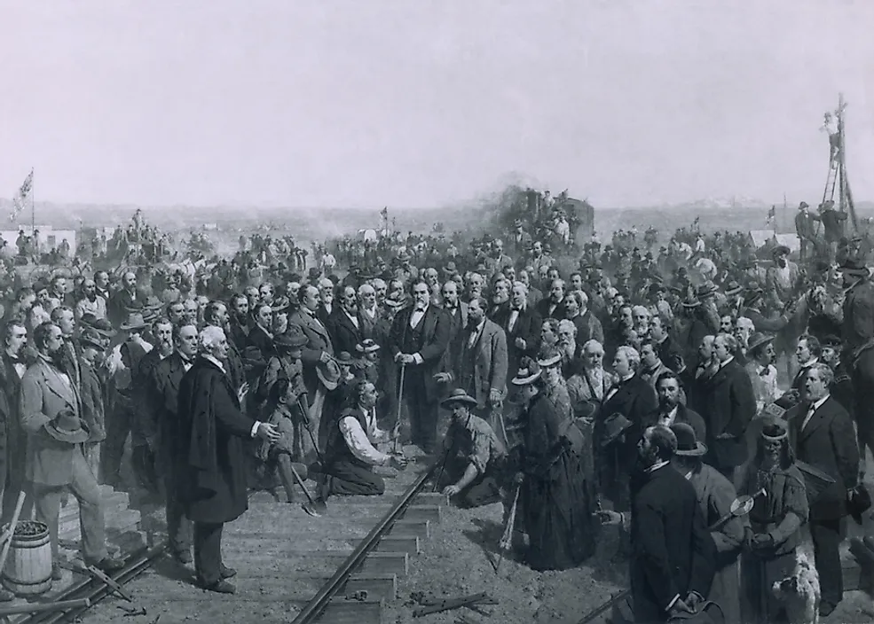 "The Last Spike" (1881) is a painting by Thomas Hill celebrating the completion of the transcontinental railroad.