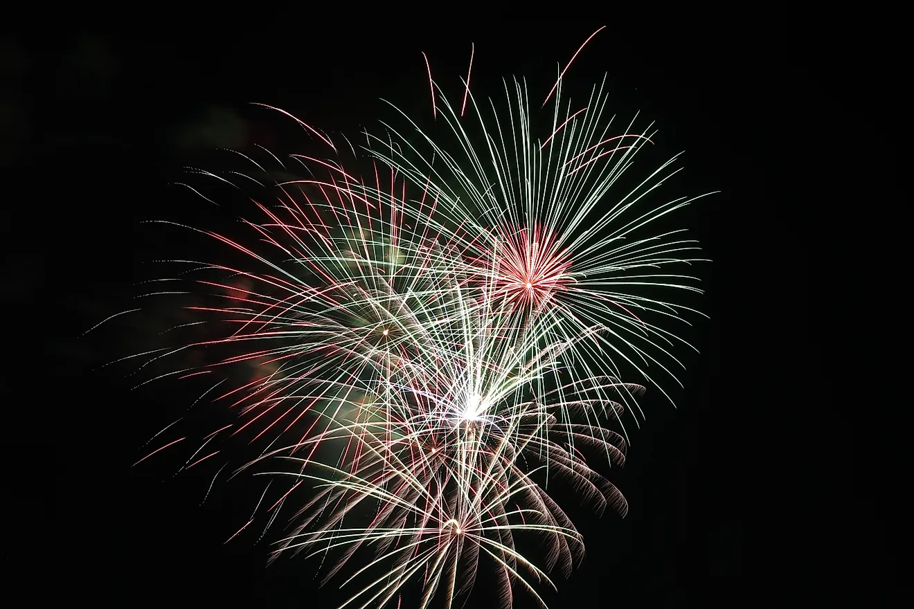 Vibrant fireworks fill the night sky during the 2019 Fourth of July show in Seward, Nebraska. Via Shutterstock / Alex Erwin.