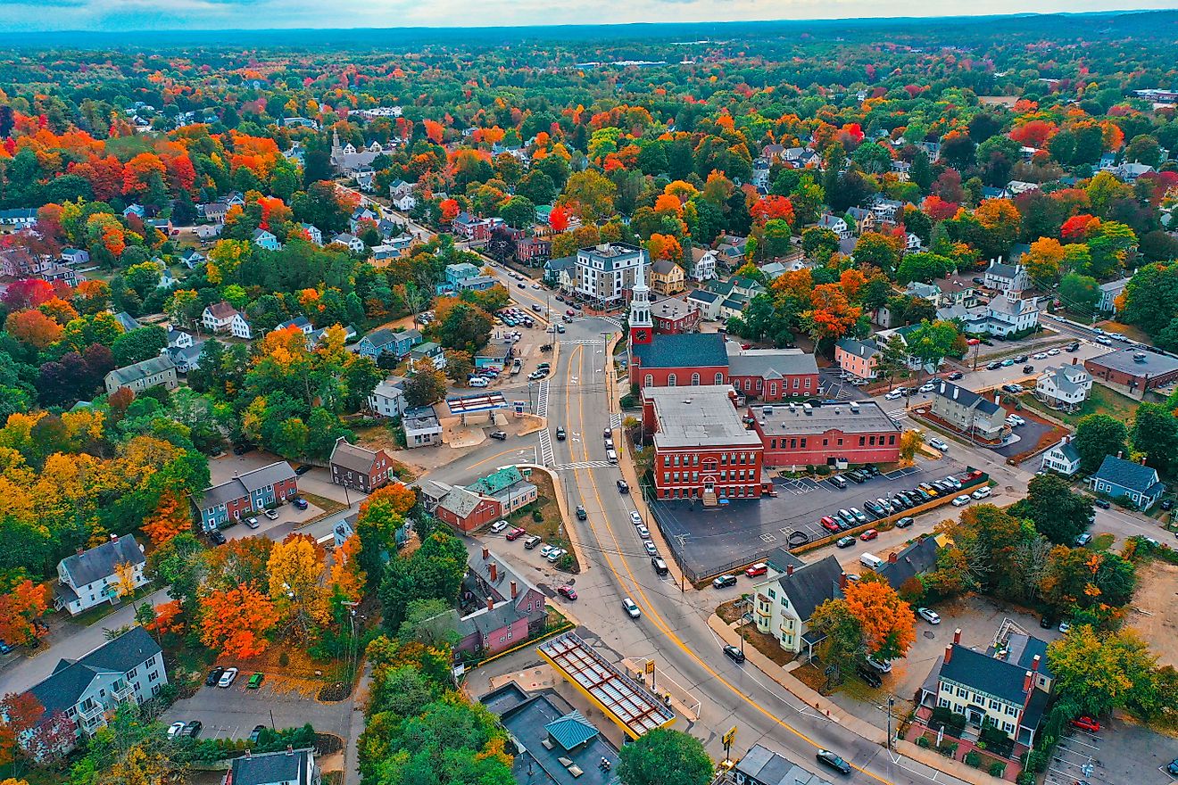 Aerial view of buildings and lush foliage in downtown Dover, New Hampshire.