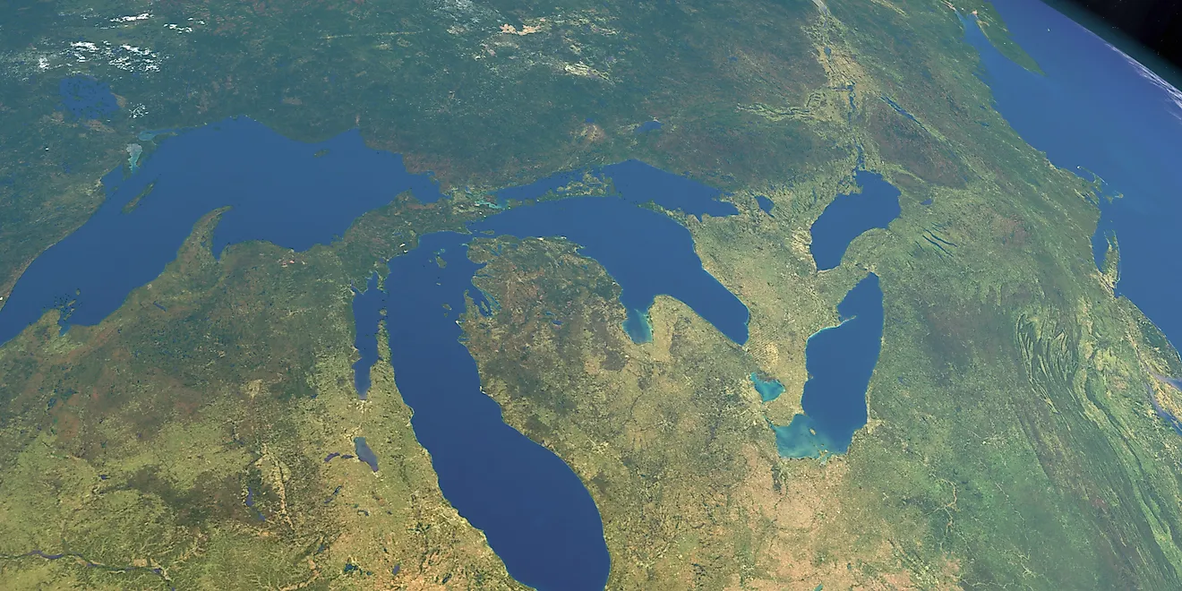 Great lakes in America in planet Earth, aerial view from outer space, 3d rendering