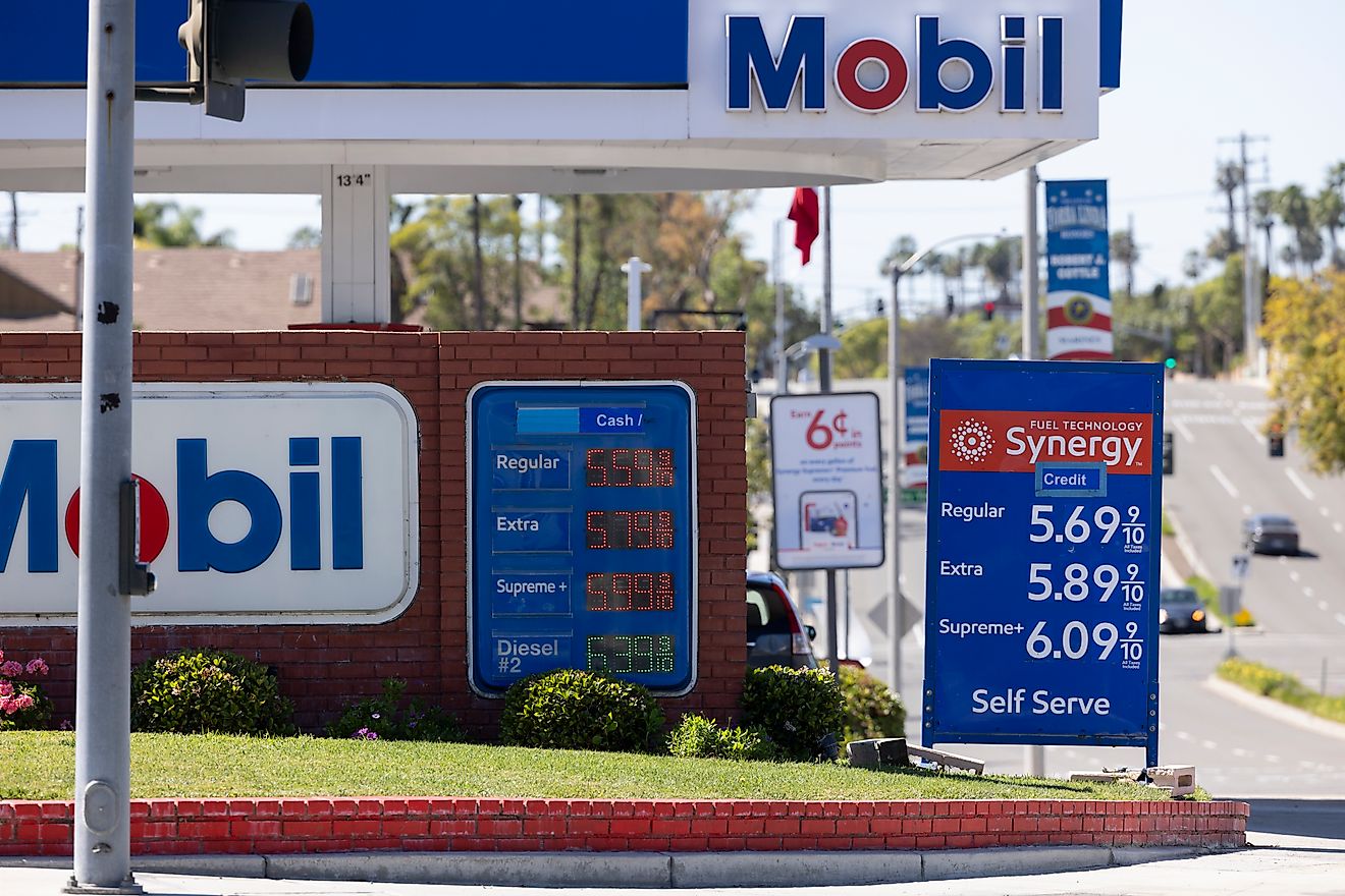 A Mobil gas station in Yorba Linda, California displays gas prices. Editorial credit: Matt Gush / Shutterstock.com