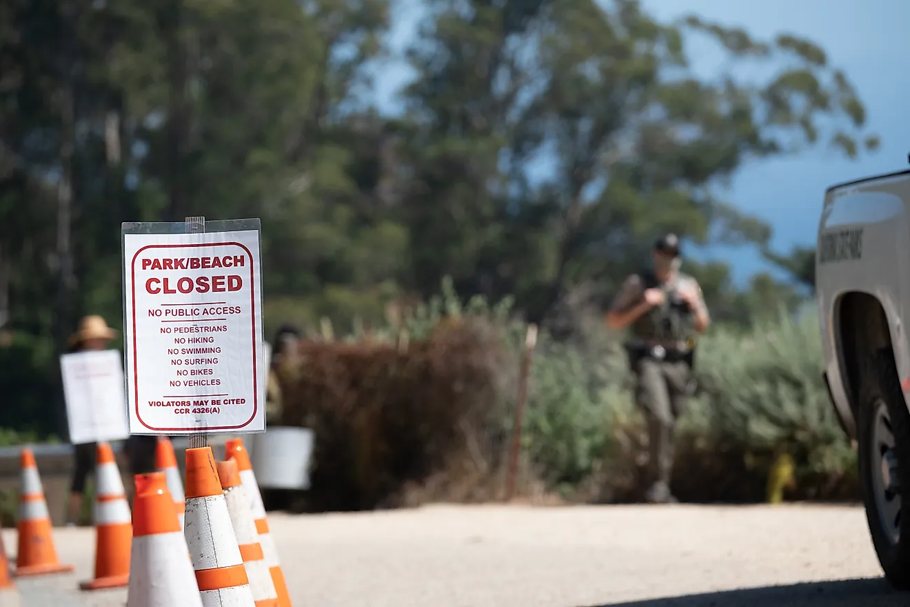 Closed regulation sign posted beside orange cones at a trail access point.