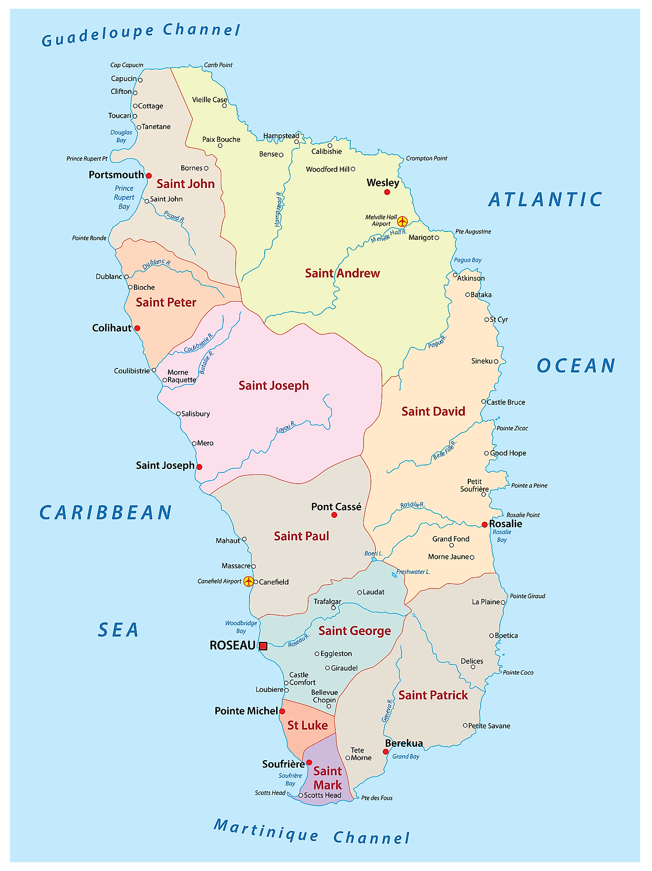Mapa político de Dominica que muestra sus 10 parroquias y la ciudad capital de Roseau.