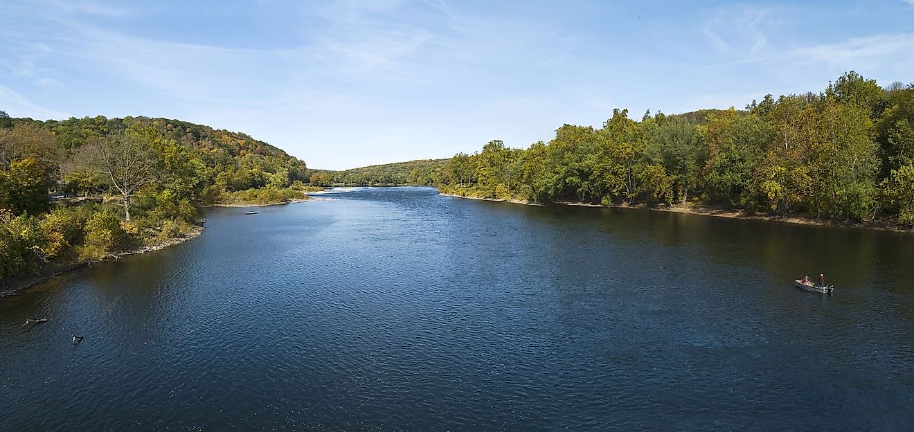 A panoramic view of the Delaware River near Washington Crossing between Pennsylvania and New Jersey. 