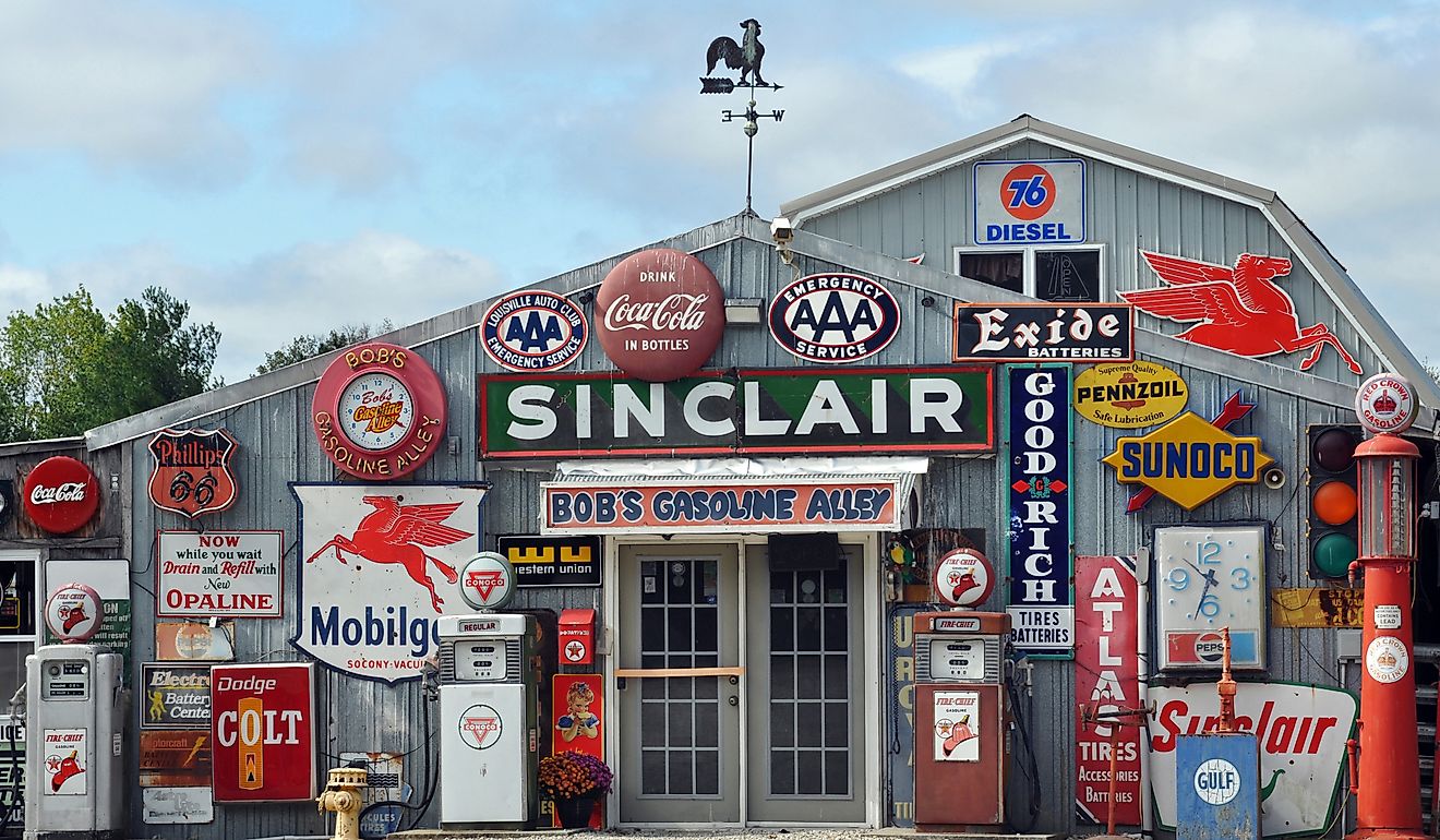 A collection of antique gas station memorabilia on display at Bob's Gasoline Alley, off Route 66 near Cub. Editorial credit: BD Images / Shutterstock.com