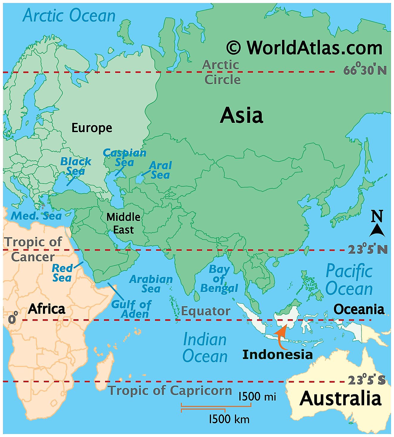 Map showing location of Indonesia in the world.
