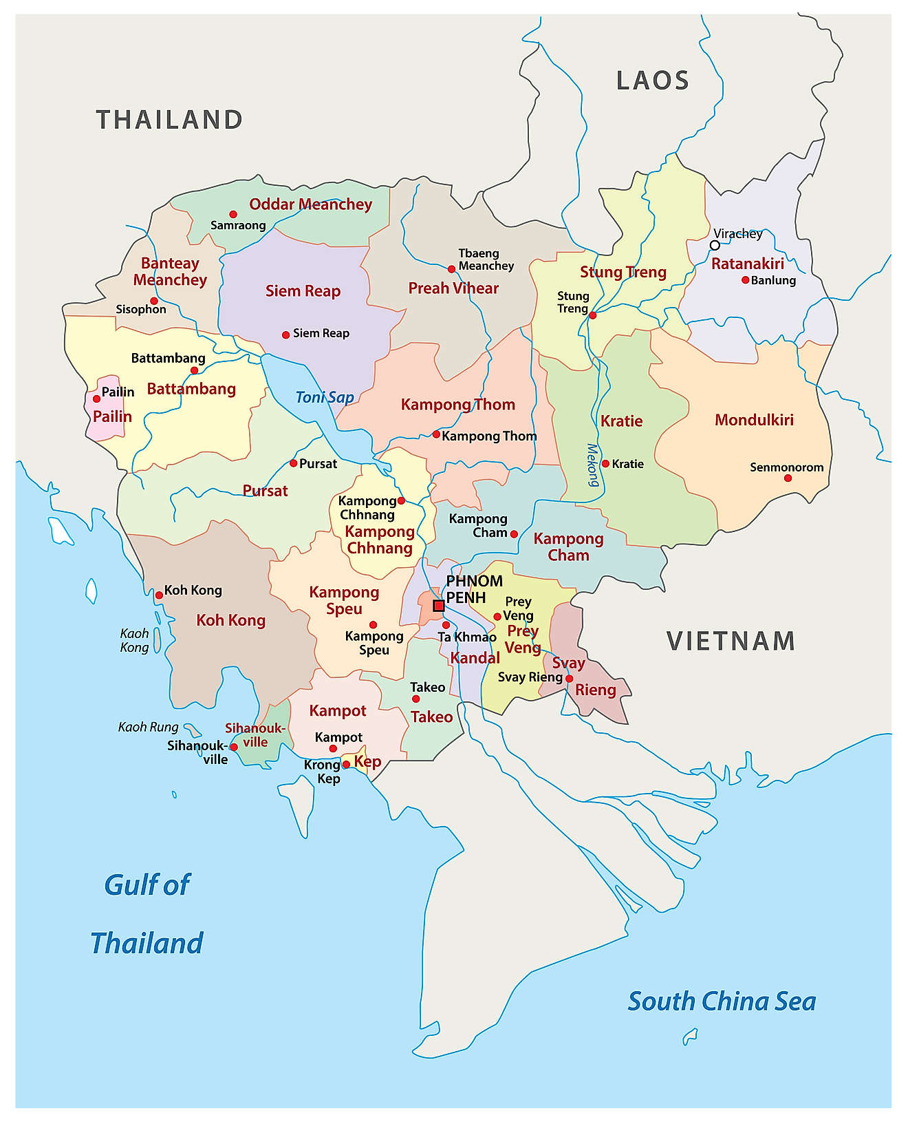 Political Map of Cambodia showing 21 provinces, their capitals, and the national capital of Phnom Penh.