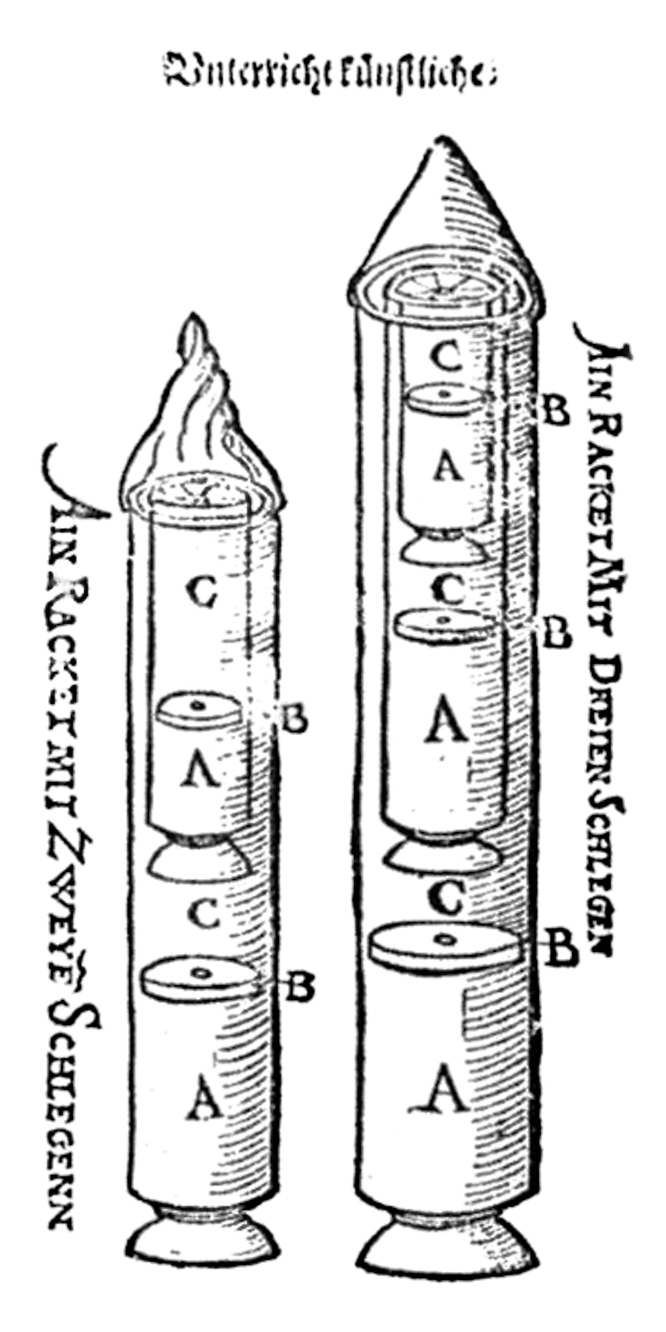 Diagram of multi-staged rocket by Johann Schmidlap.