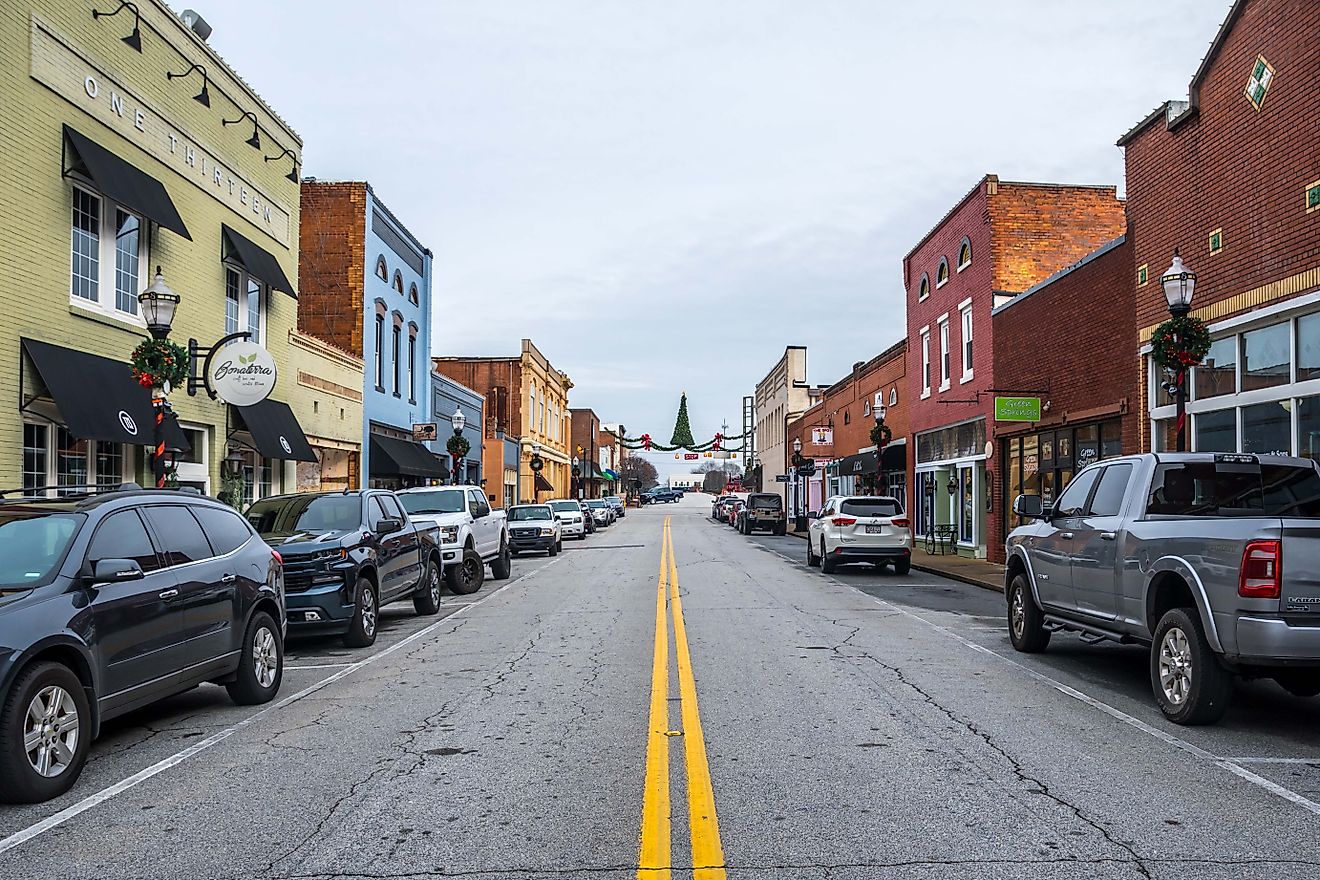 View of the main street in Seneca, South Carolina. Editorial credit: Cheri Alguire / Shutterstock.com