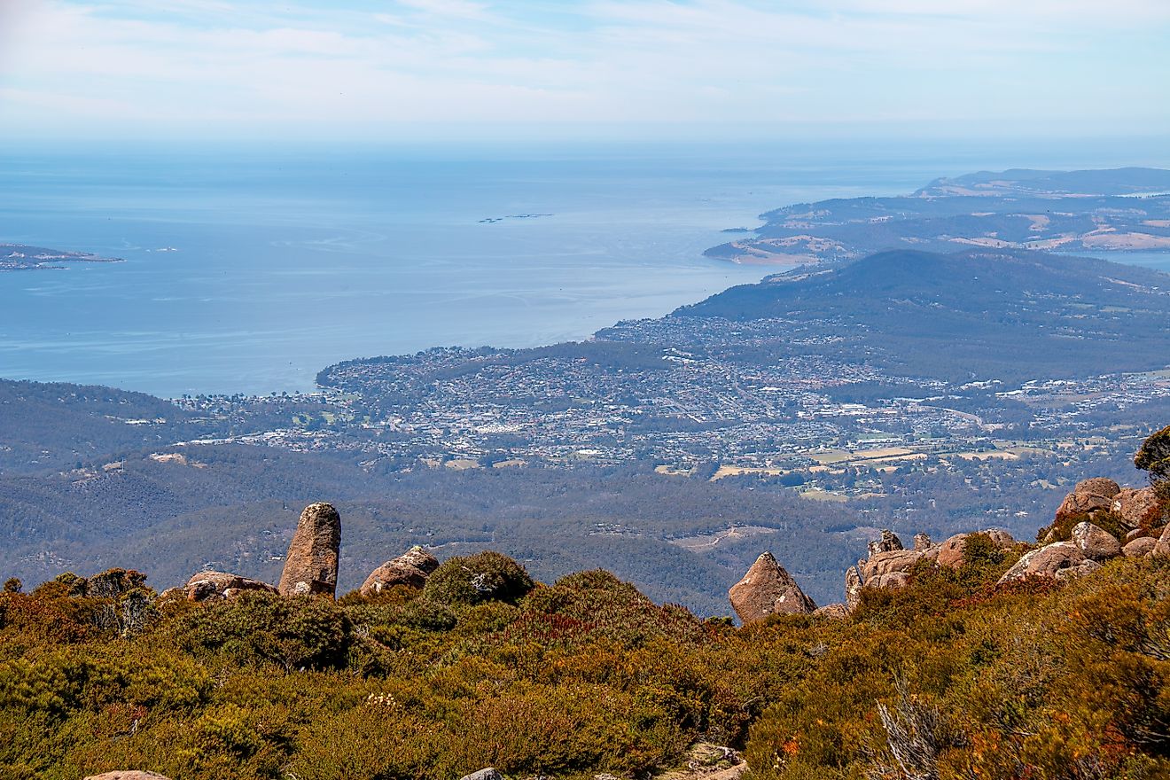 Summit of Mount Wellington Kunanyi, overlooking Kingston, Tasmania. Credit: Andrew Balcombe / Shutterstock