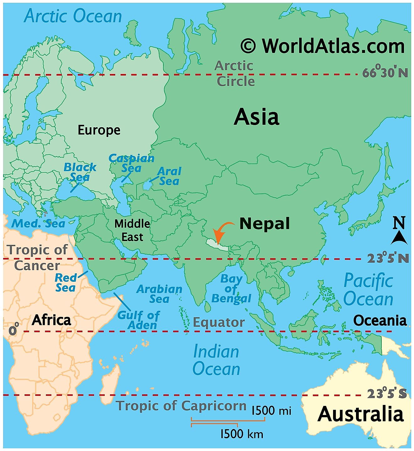 Map showing location of Nepal in the world.