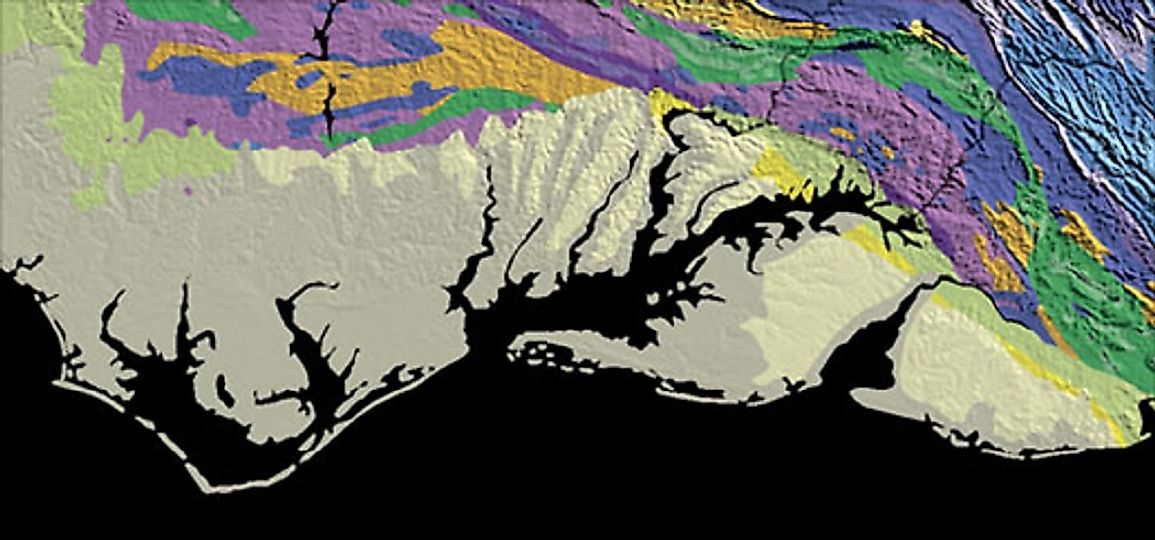 National Atlas of the United States of America map of Atlantic Seaboard Fall Line. The pale (coastal region) gives way to the bright (the Piedmont Region).