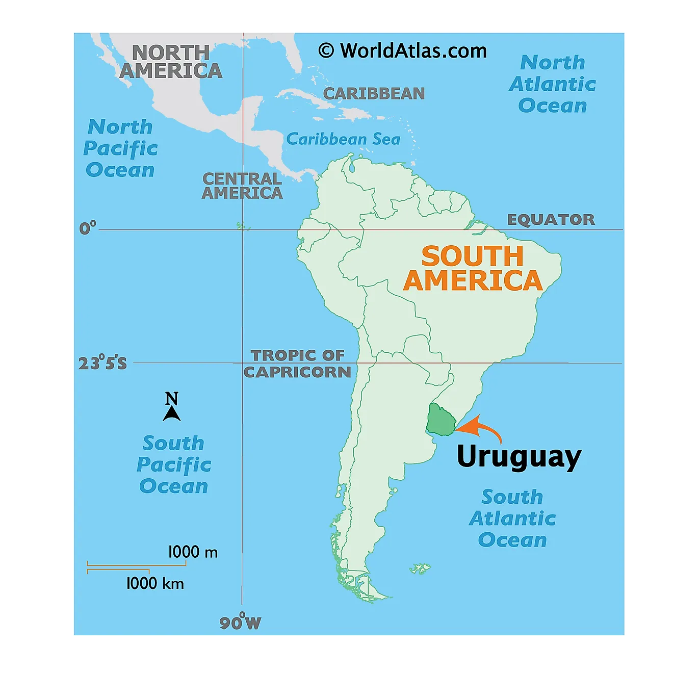 Mapa que muestra la ubicación de Uruguay en el mundo.