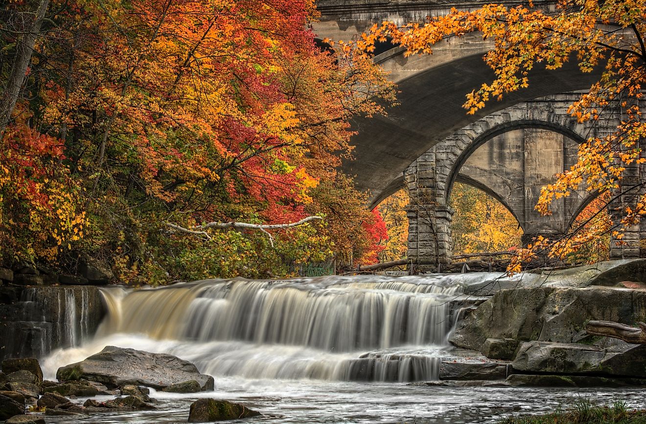 Berea Falls during peak fall colors in Berea, Ohio.