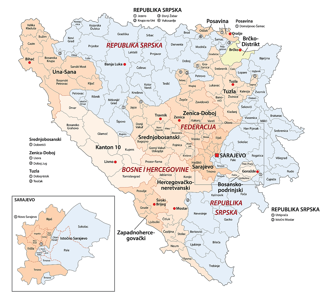 Mapa político de Bosnia y Herzegovina que muestra sus 2 divisiones administrativas de primer orden, 1 distrito supervisado internacionalmente y la ciudad capital - Sarajevo