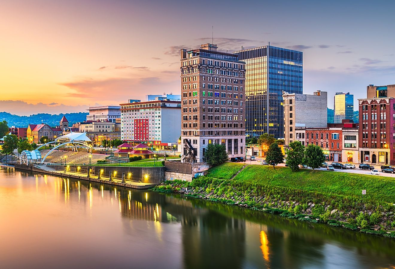 Skyline of Charleston, West Virginia, along the water.