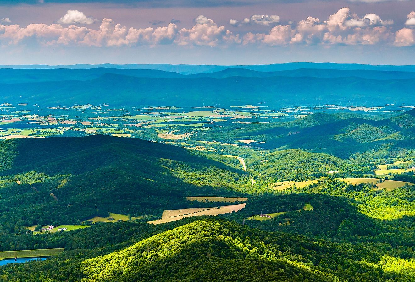 Clouds cast shadows over the Appalachian Mountains and Shenandoah Valley, seen from Shenandoah National Park, Virginia. Image credit Jon Bilous via Shutterstock.