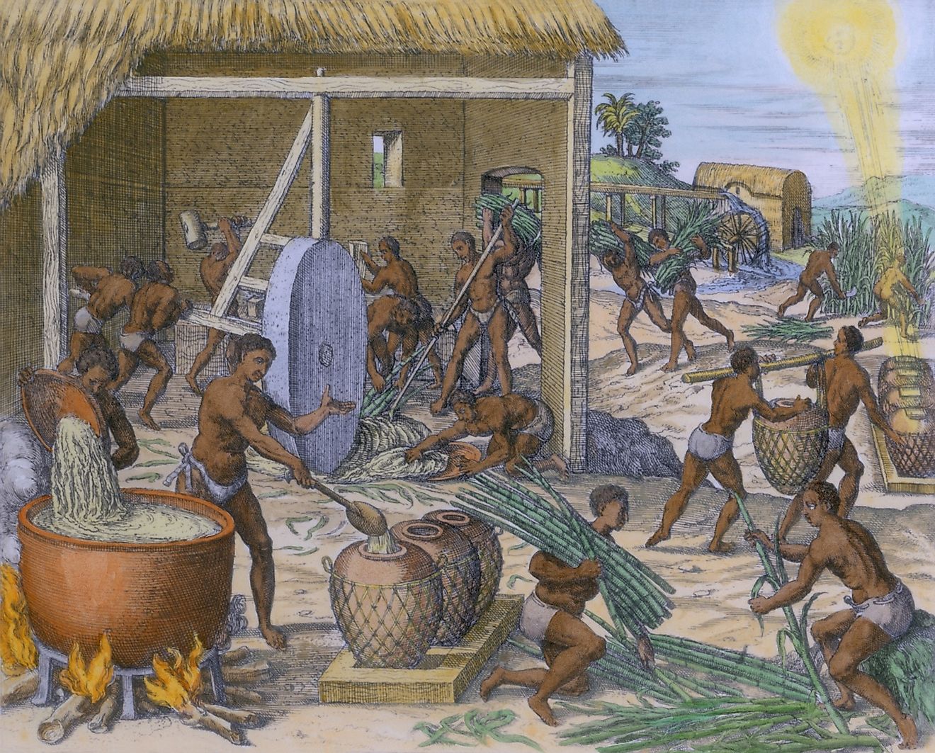 African slaves processing sugar cane on the Caribbean island of Hispaniola, 1595 engraving by Theodor de Bry with modern watercolor. Image credit: Everett Historical/Shutterstock.com