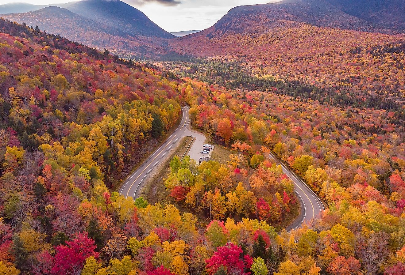 Aerial view of the Kancamagus Highway in New Hampshire in Autumn.