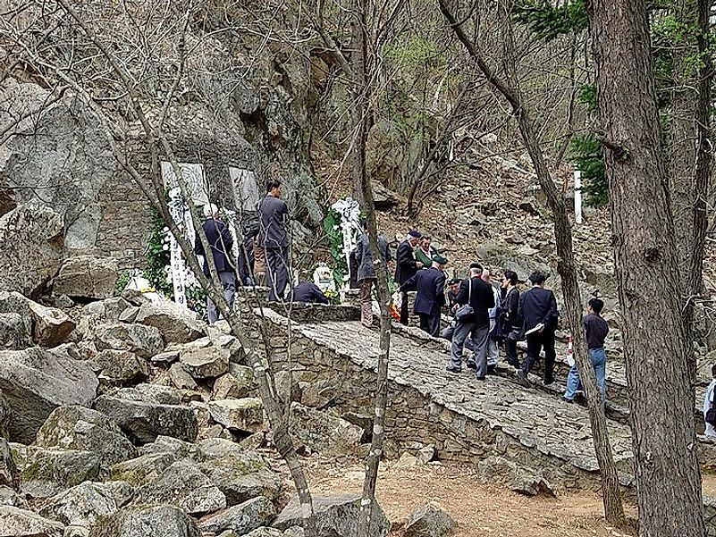 Veterans pay their respects at the Gloucester Valley Battle Monument build on Hill 235 near the Imjin River.