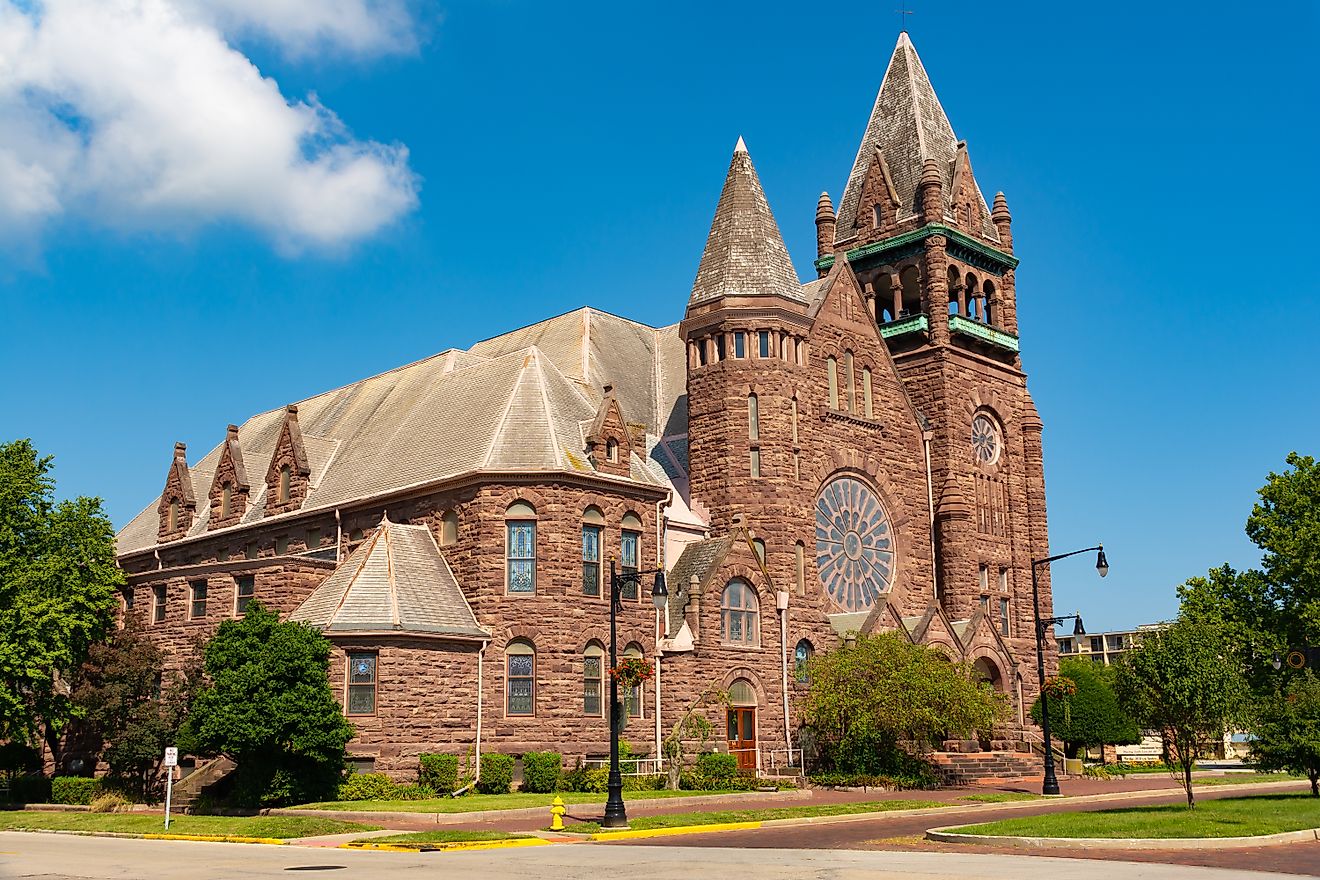 An old stone church in downtown Galesburg, Illinois. 