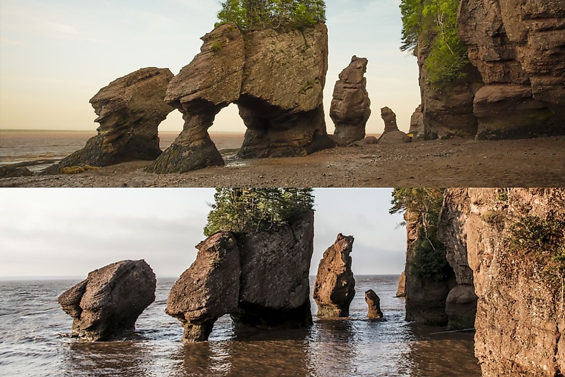 Bay of Fundy at low tide (top) and high tide (bottom).