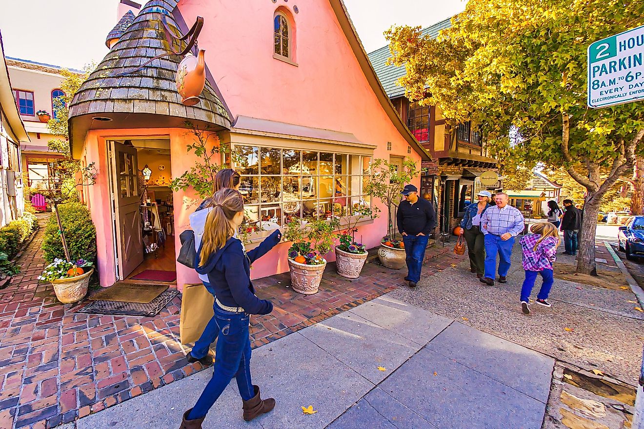 Shopping on Main Street of Carmel, United States, with luxurious expensive boutiques all around. Editorial credit: oliverdelahaye / Shutterstock.com