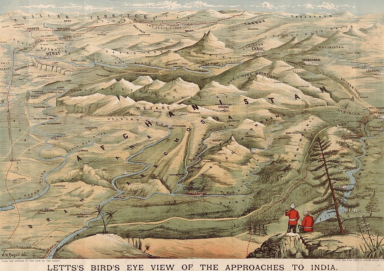 Early 20th century British map shows red coated soldiers looking into the Indus Valley and Afghanistan from Indian territory. Image credit: Everett Collection/Shutterstock.com