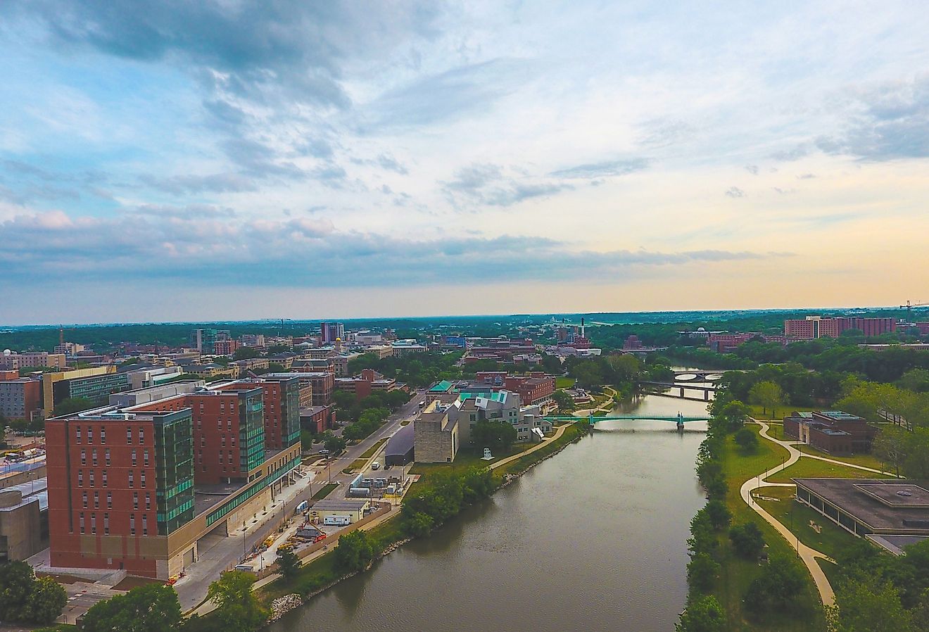 Aerial view of Iowa City and river