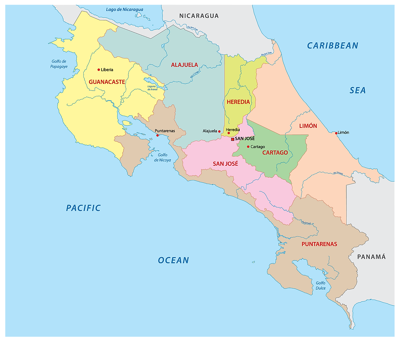 Political Map of Costa Rica showing its 7 provinces and the capital city of San Jose