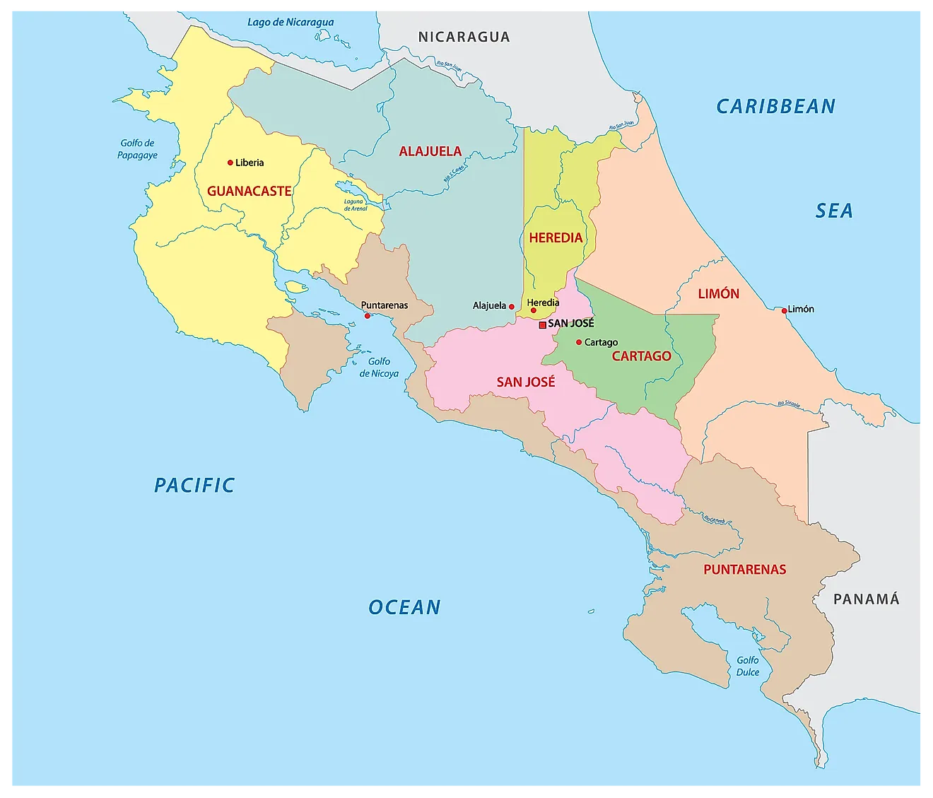 Political Map of Costa Rica showing its 7 provinces and the capital city of San Jose