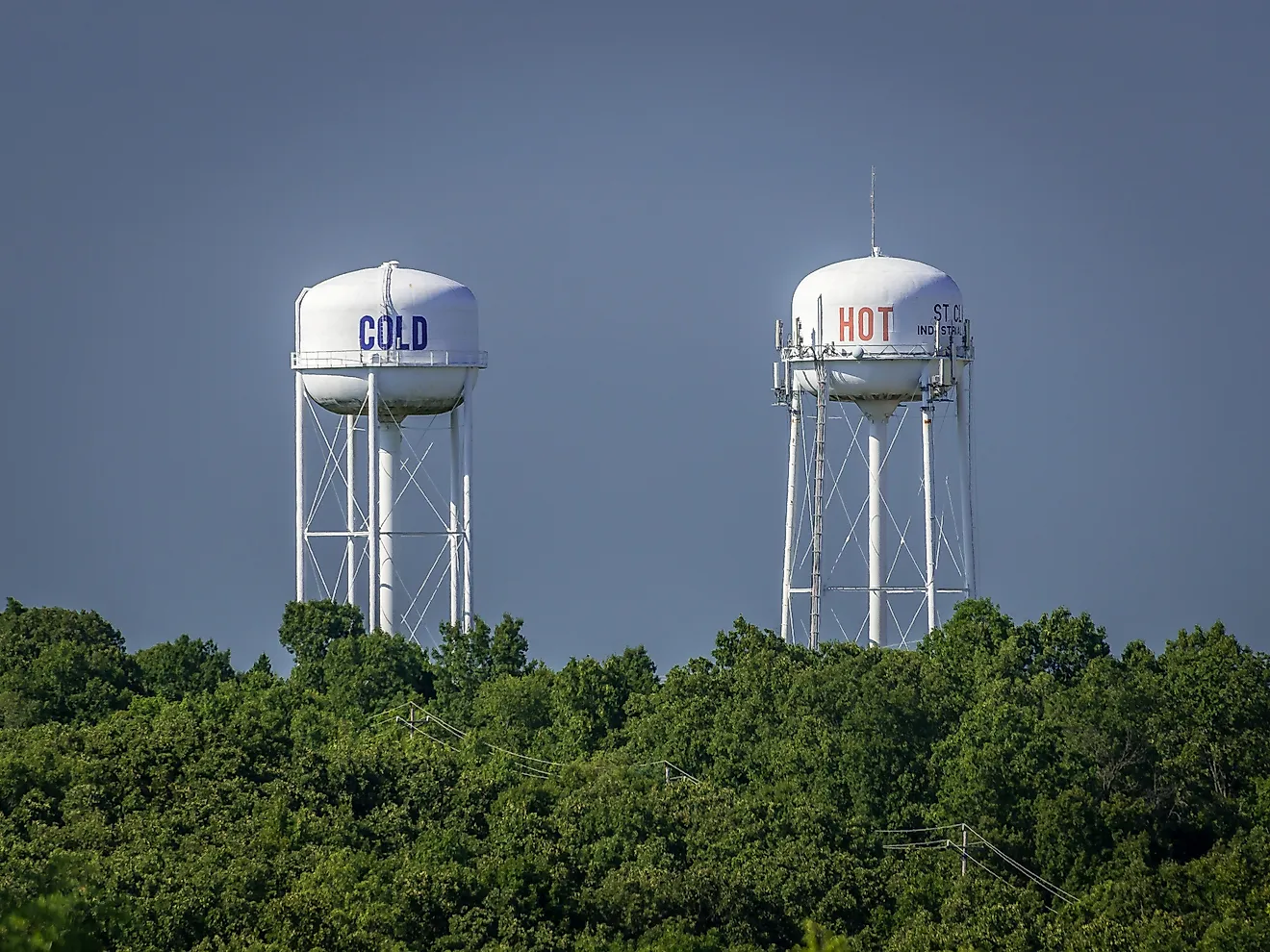 the city of St. Clair, MO must have sense of humor to label their twin water towers. Credit: Dave Adams Images/Shutterstock.com