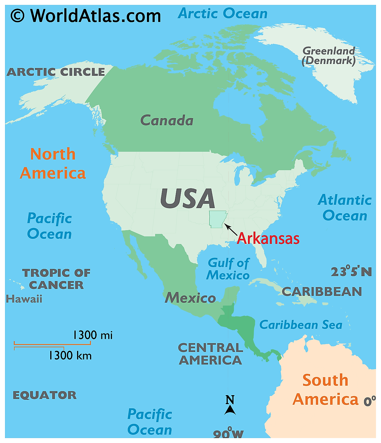 Map showing location of Arkansas in the world.