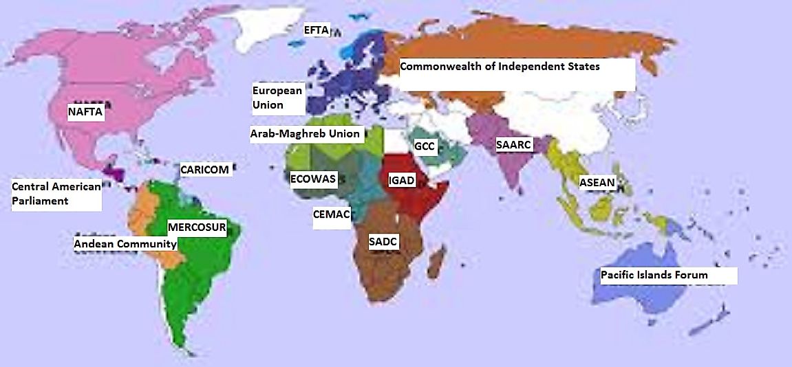 Geopolitical map showing major contemporary trade blocs around the globe.