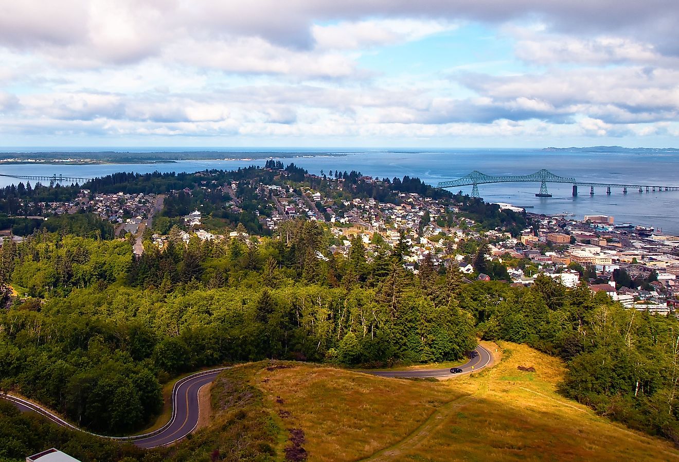 View from up high of Astoria, Oregon and the Columbia River.