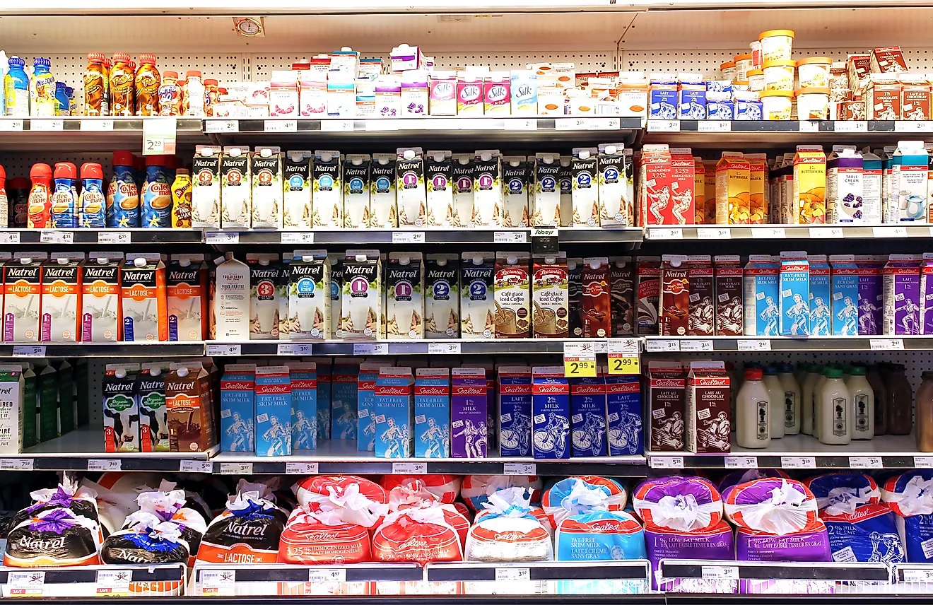 Bags of milk in a grocery store in Canada. Editorial credit: Niloo / Shutterstock.com.