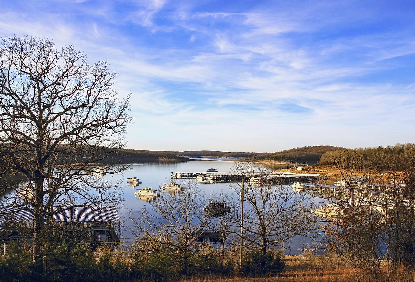 Bull Shoals Lake and boat dock in Bull Shoals, Arkansas.