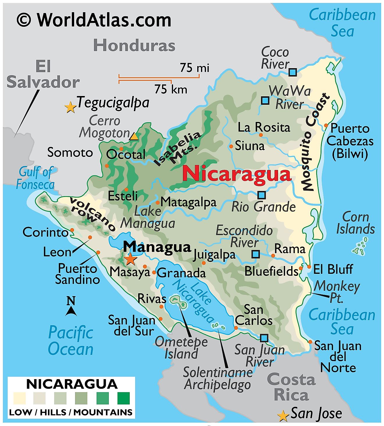 Mapa físico de Nicaragua que muestra el terreno, las montañas, los puntos extremos, la costa de los mosquitos, los volcanes, los ríos, los lagos, las principales ciudades, las fronteras internacionales, etc.